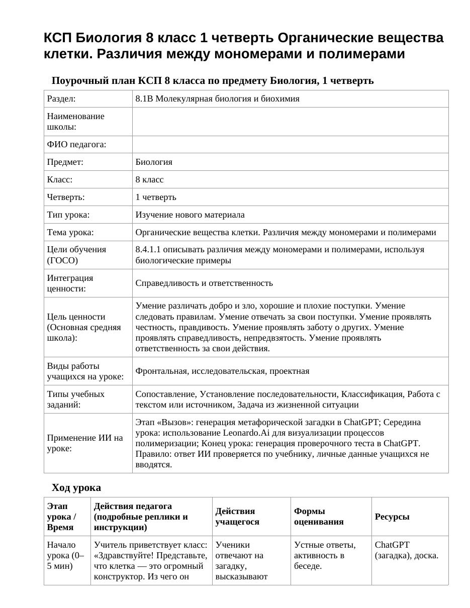 КСП Биология 8 класс 1 четверть Органические вещества клетки. Различия между мономерами и полимерами