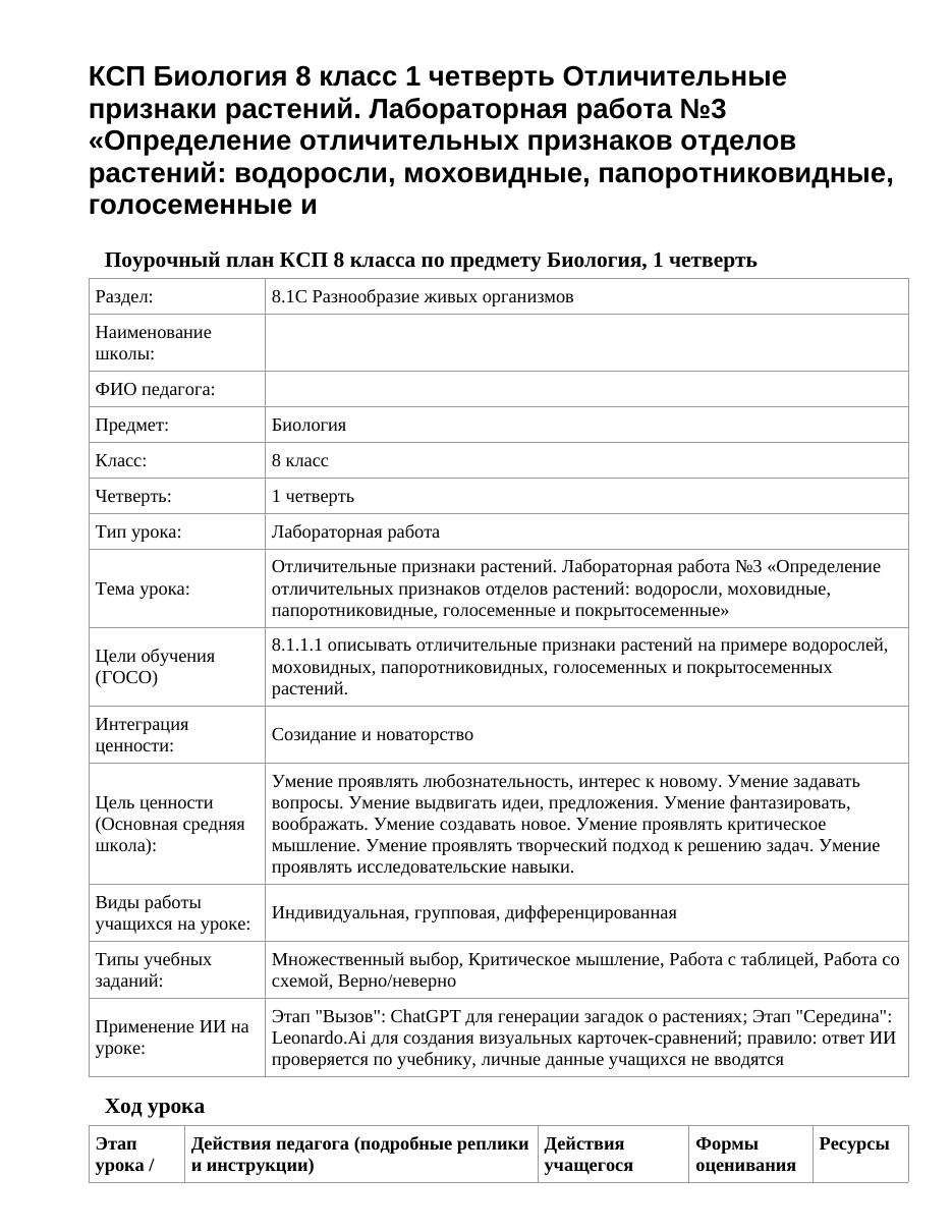 КСП Биология 8 класс 1 четверть Отличительные признаки растений. Лабораторная работа №3 «Определение отличительных признаков отделов растений: водоросли, моховидные, папоротниковидные, голосеменные и 