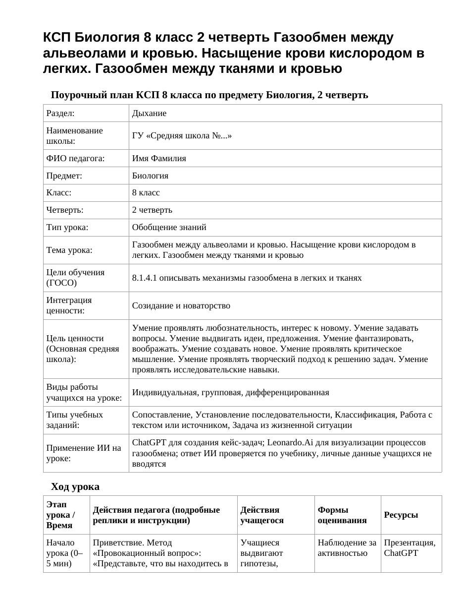 КСП Биология 8 класс 2 четверть Газообмен между альвеолами и кровью. Насыщение крови кислородом в легких. Газообмен между тканями и кровью