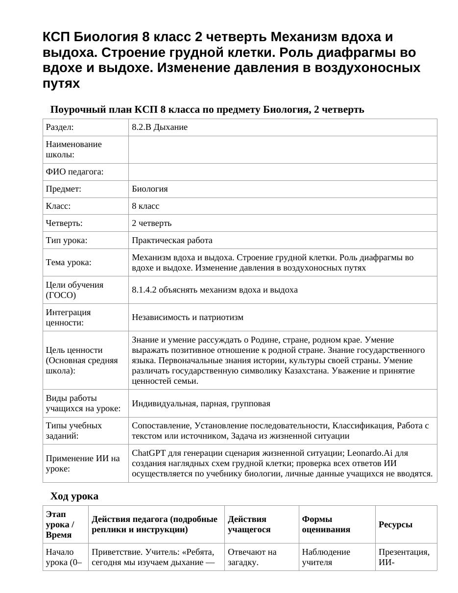 КСП Биология 8 класс 2 четверть Механизм вдоха и выдоха. Строение грудной клетки. Роль диафрагмы во вдохе и выдохе. Изменение давления в воздухоносных путях