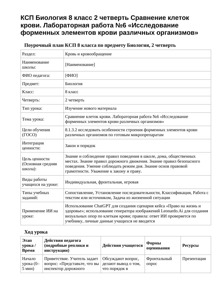 КСП Биология 8 класс 2 четверть Сравнение клеток крови. Лабораторная работа №6 «Исследование форменных элементов крови различных организмов»