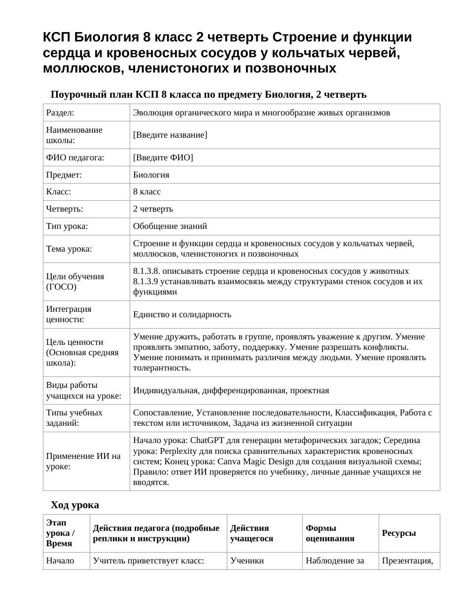 КСП Биология 8 класс 2 четверть Строение и функции сердца и кровеносных сосудов у кольчатых червей, моллюсков, членистоногих и позвоночных