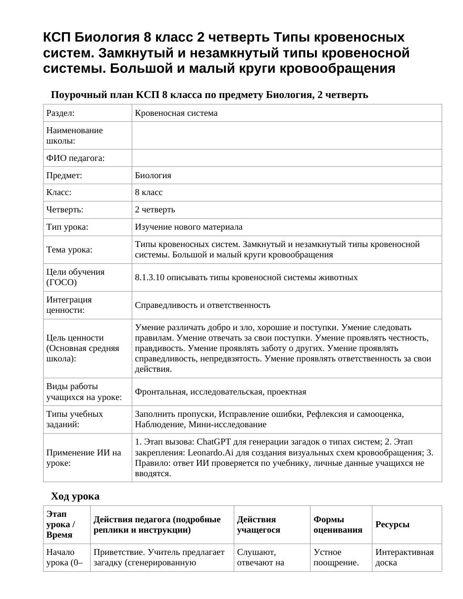 КСП Биология 8 класс 2 четверть Типы кровеносных систем. Замкнутый и незамкнутый типы кровеносной системы. Большой и малый круги кровообращения