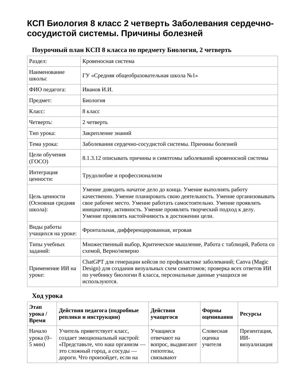 КСП Биология 8 класс 2 четверть Заболевания сердечно-сосудистой системы. Причины болезней