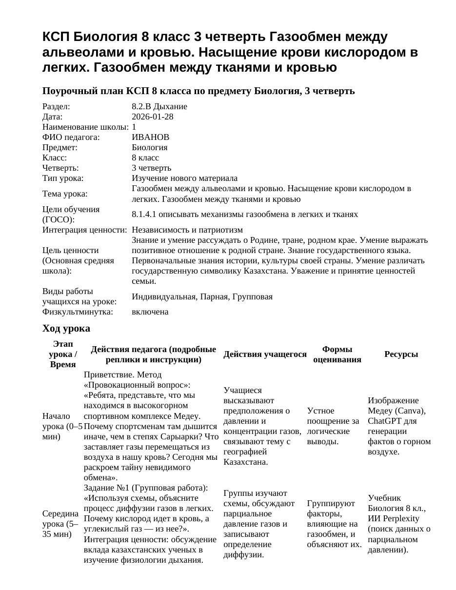 КСП Биология 8 класс 3 четверть Газообмен между альвеолами и кровью. Насыщение крови кислородом в легких. Газообмен между тканями и кровью