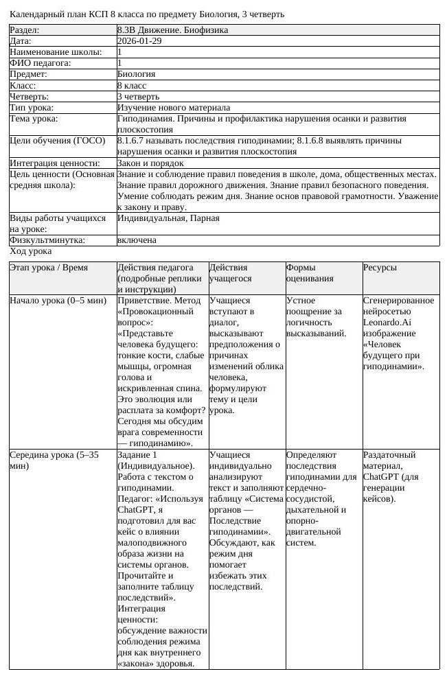 КСП Биология 8класс 3четверть Гиподинамия Причины и профилактика