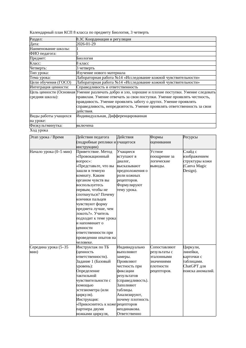 КСП Биология 8класс 3четверть Лабораторная работа 14 Исследование