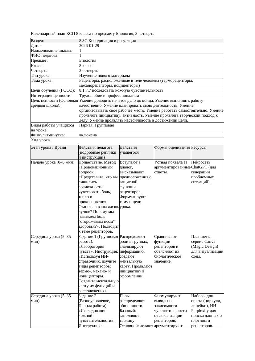 КСП Биология 8класс 3четверть Рецепторы расположенные в теле человека