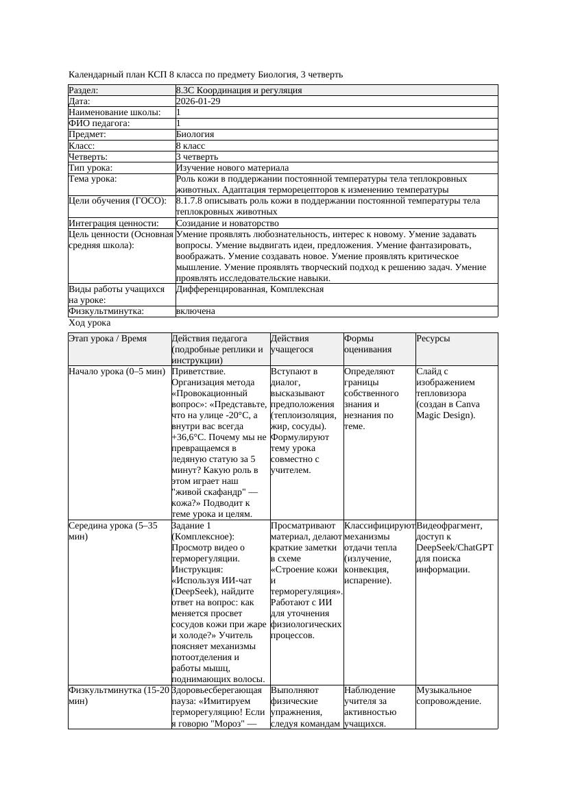 КСП Биология 8класс 3четверть Роль кожи в поддержании постоянной