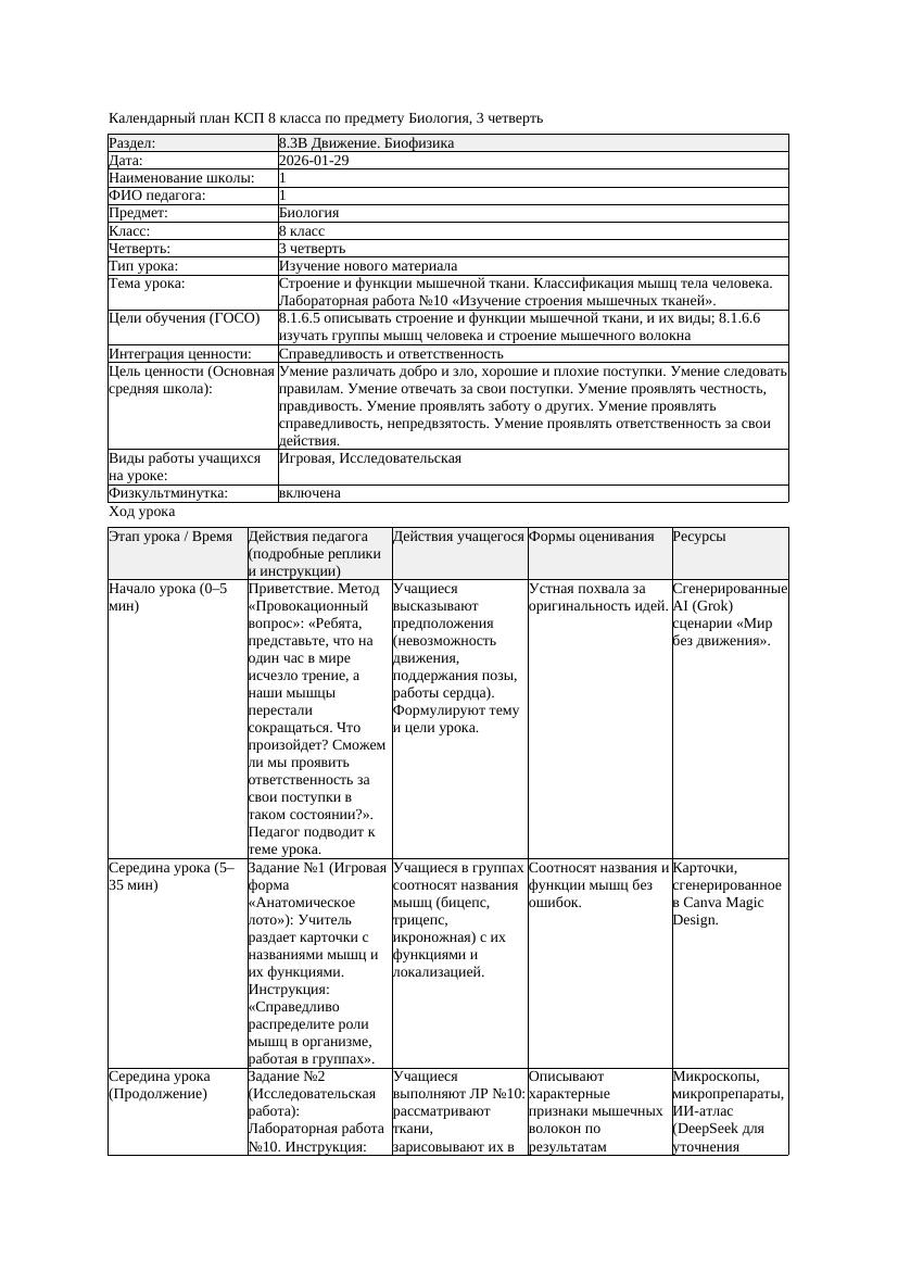 КСП Биология 8класс 3четверть Строение и функции мышечной ткани