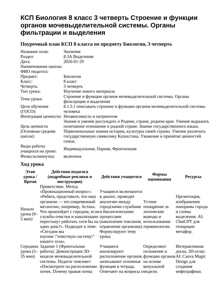 КСП Биология 8 класс 3 четверть Строение и функции органов мочевыделительной системы. Органы фильтрации и выделения