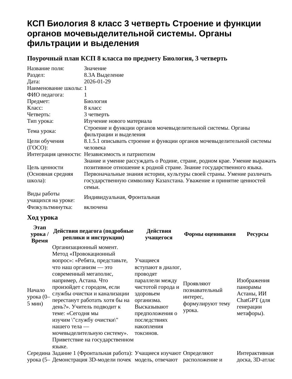 КСП Биология 8 класс 3 четверть Строение и функции органов мочевыделительной системы. Органы фильтрации и выделения