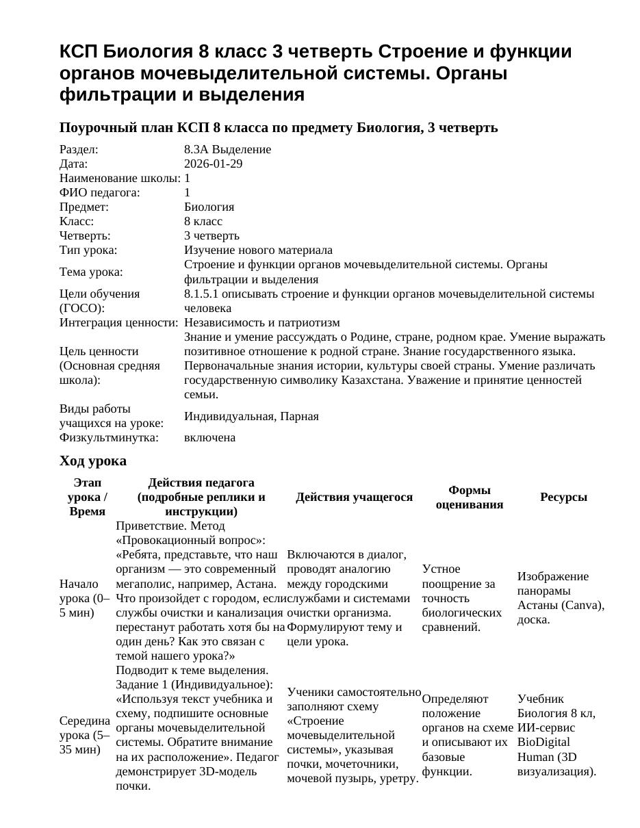КСП Биология 8 класс 3 четверть Строение и функции органов мочевыделительной системы. Органы фильтрации и выделения