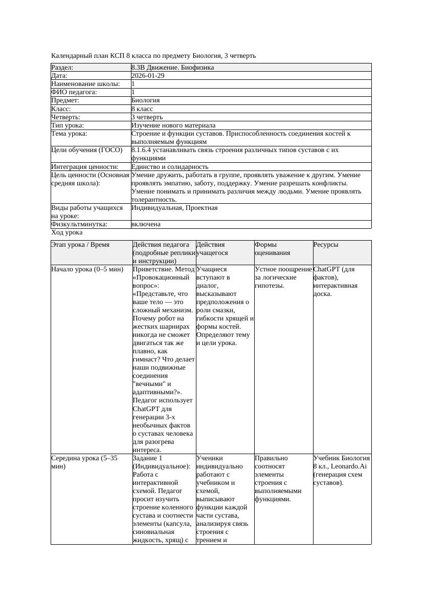 КСП Биология 8класс 3четверть Строение и функции суставов Приспособленность