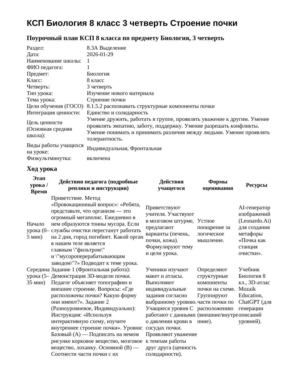 КСП Биология 8 класс 3 четверть Строение почки