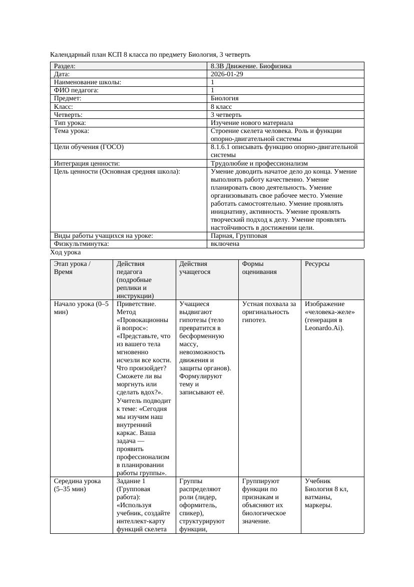 КСП Биология 8класс 3четверть Строение скелета человека Роль и функции