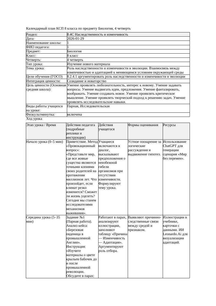 КСП Биология 8класс 4четверть Роль наследственности и изменчивости