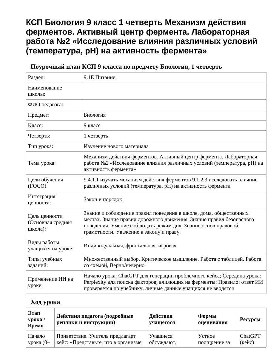 КСП Биология 9 класс 1 четверть Механизм действия ферментов. Активный центр фермента. Лабораторная работа №2 «Исследование влияния различных условий (температура, pН) на активность фермента»