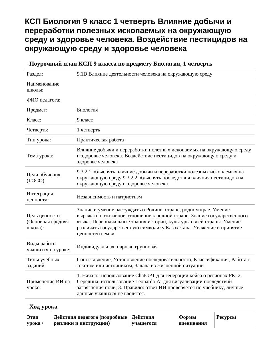КСП Биология 9 класс 1 четверть Влияние добычи и переработки полезных ископаемых на окружающую среду и здоровье человека. Воздействие пестицидов на окружающую среду и здоровье человека