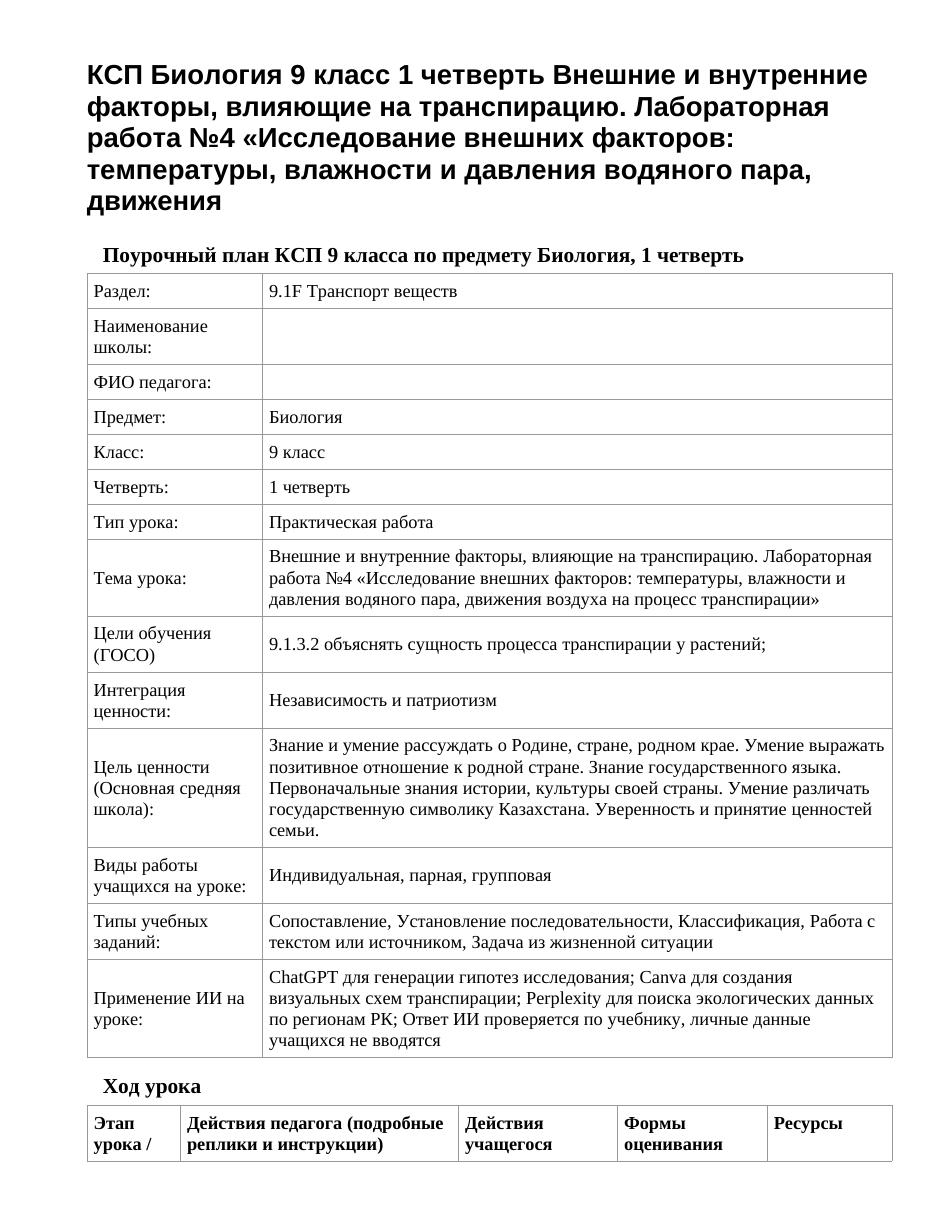 КСП Биология 9 класс 1 четверть Внешние и внутренние факторы, влияющие на транспирацию. Лабораторная работа №4 «Исследование внешних факторов: температуры, влажности и давления водяного пара, движения