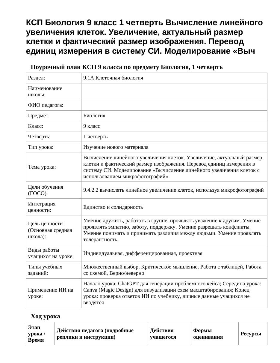 КСП Биология 9 класс 1 четверть Вычисление линейного увеличения клеток. Увеличение, актуальный размер клетки и фактический размер изображения. Перевод единиц измерения в систему СИ. Моделирование «Выч