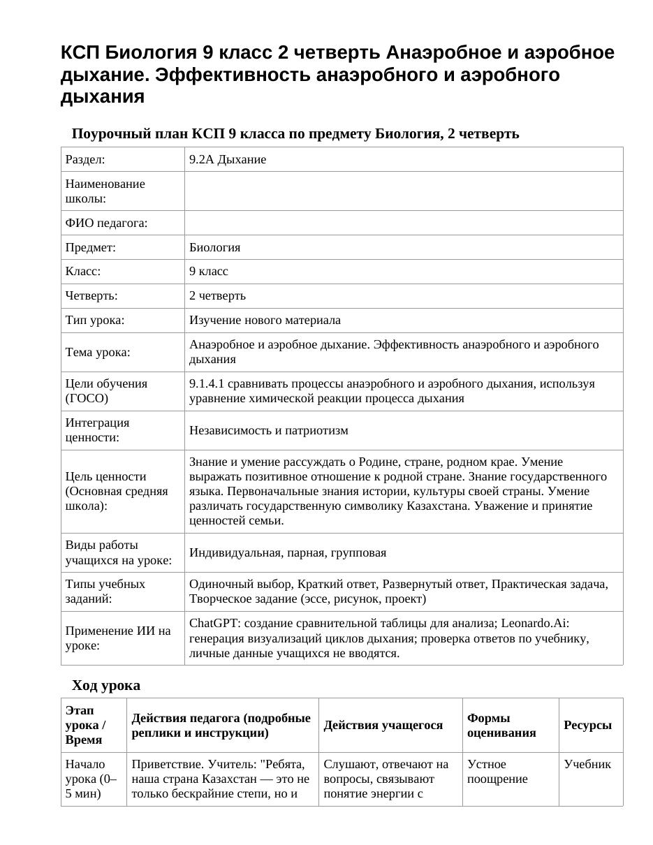 КСП Биология 9 класс 2 четверть Анаэробное и аэробное дыхание. Эффективность анаэробного и аэробного дыхания