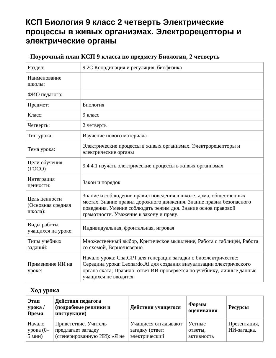КСП Биология 9 класс 2 четверть Электрические процессы в живых организмах. Электрорецепторы и электрические органы