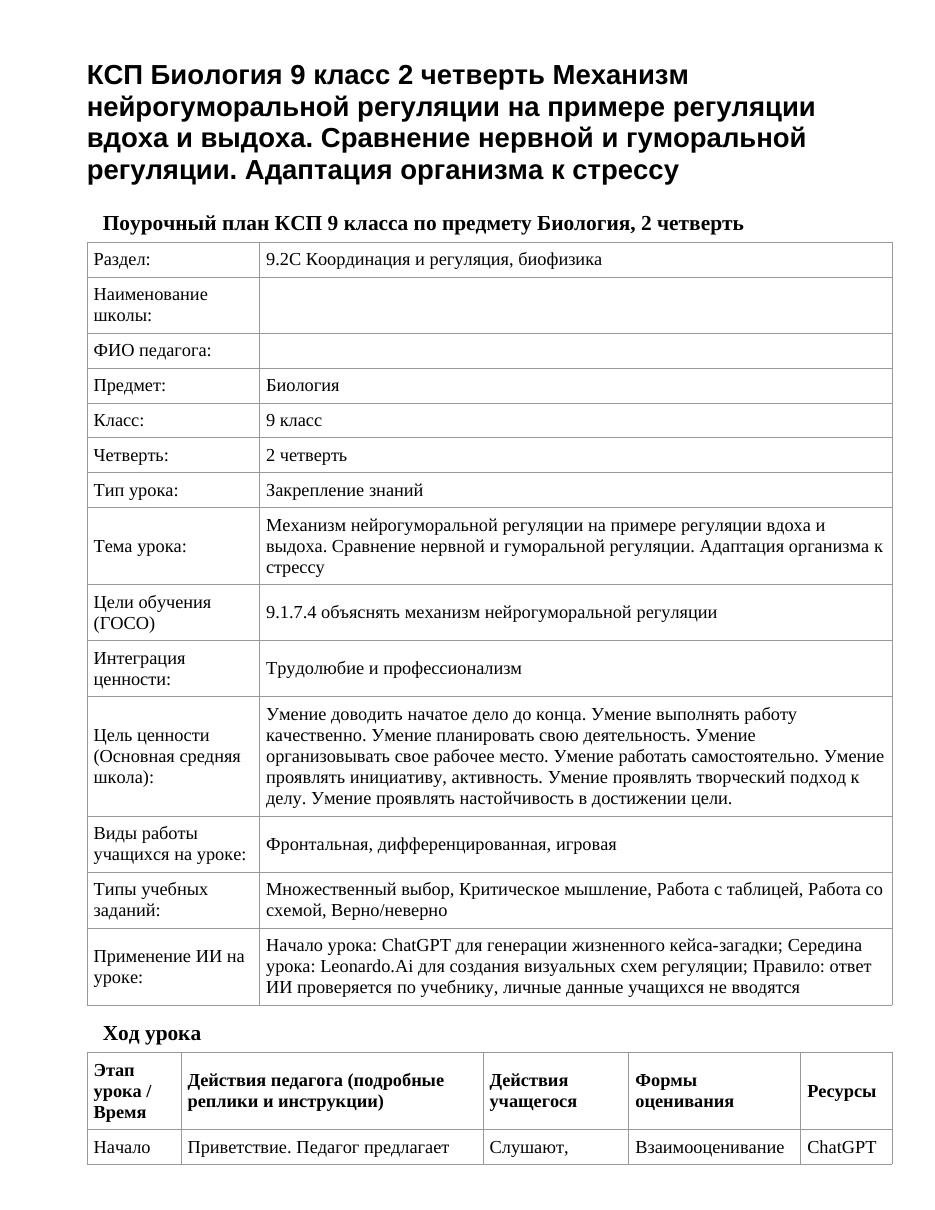 КСП Биология 9 класс 2 четверть Механизм нейрогуморальной регуляции на примере регуляции вдоха и выдоха. Сравнение нервной и гуморальной регуляции. Адаптация организма к стрессу
