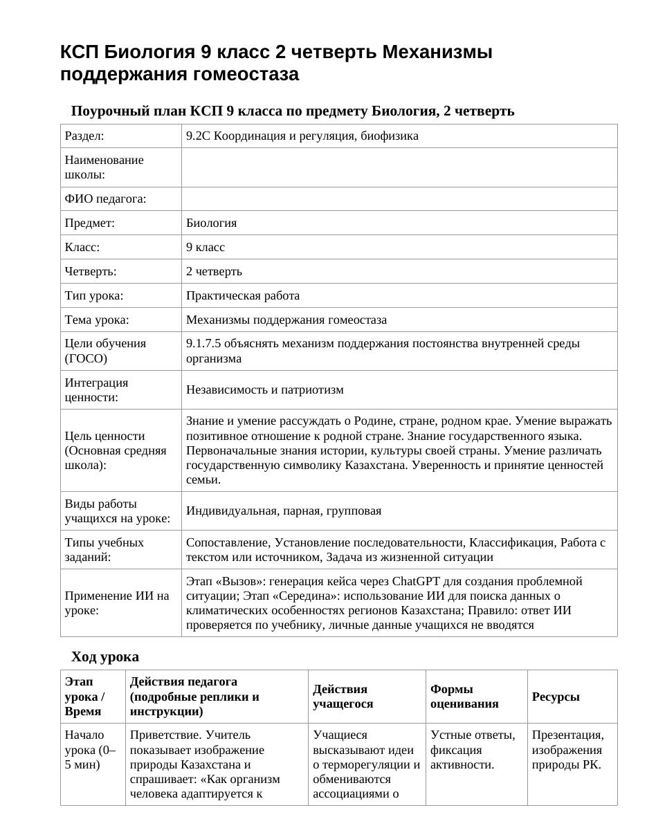КСП Биология 9 класс 2 четверть Механизмы поддержания гомеостаза