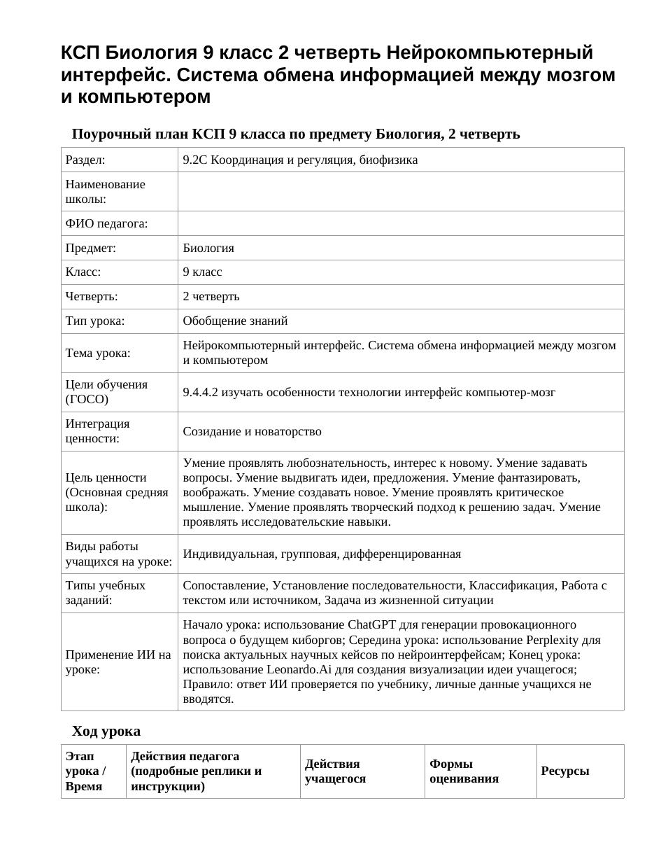 КСП Биология 9 класс 2 четверть Нейрокомпьютерный интерфейс. Система обмена информацией между мозгом и компьютером
