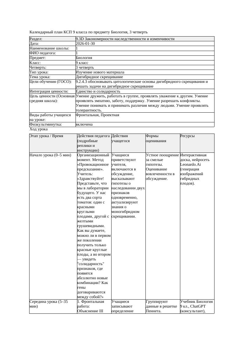 КСП Биология 9класс 3четверть Дигибридное скрещивание docx