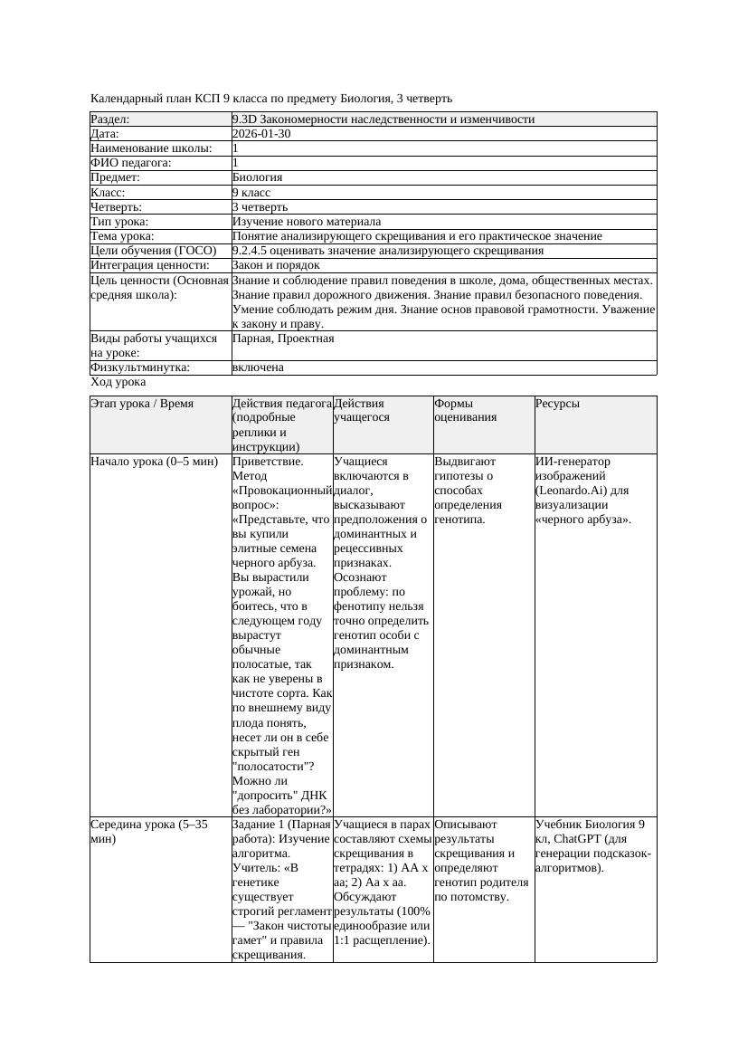 КСП Биология 9класс 3четверть Понятие анализирующего скрещивания