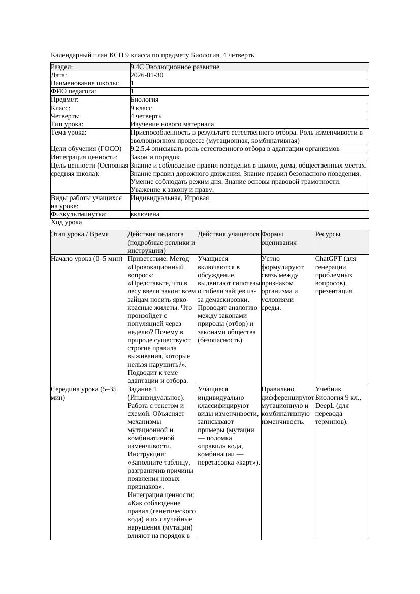 КСП Биология 9класс 4четверть Приспособленность в результате естественного