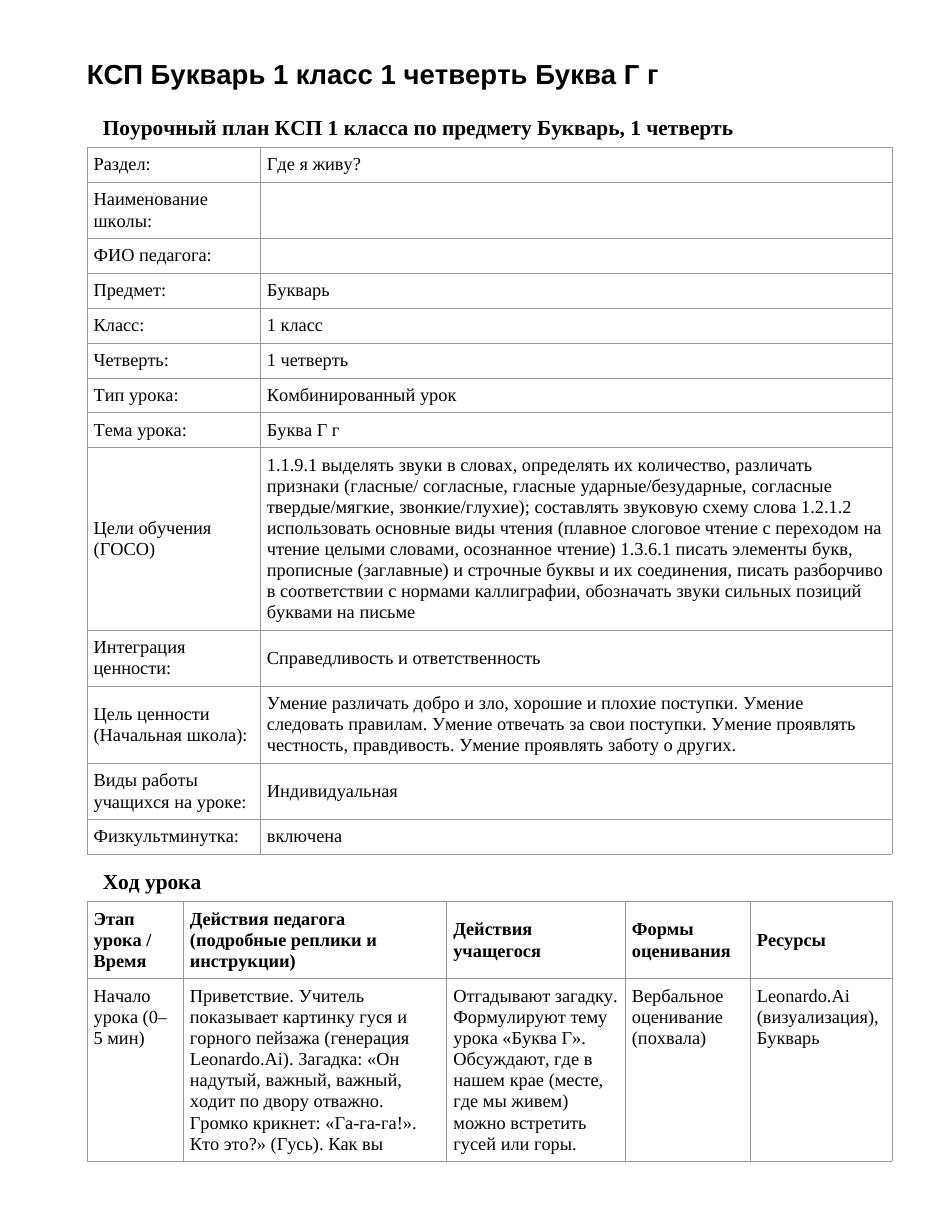 КСП Букварь 1 класс 1 четверть Буква Г г