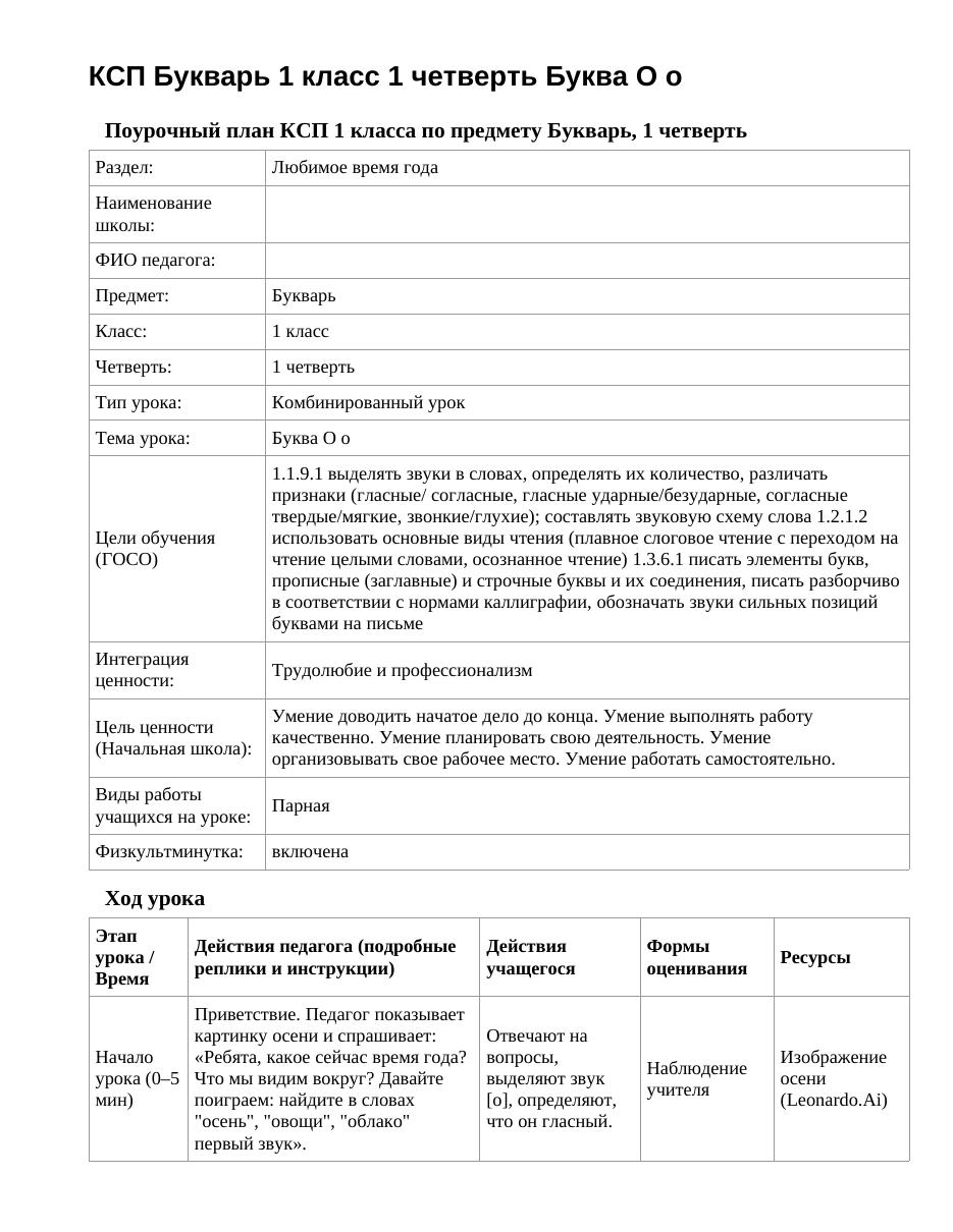 КСП Букварь 1 класс 1 четверть Буква О о