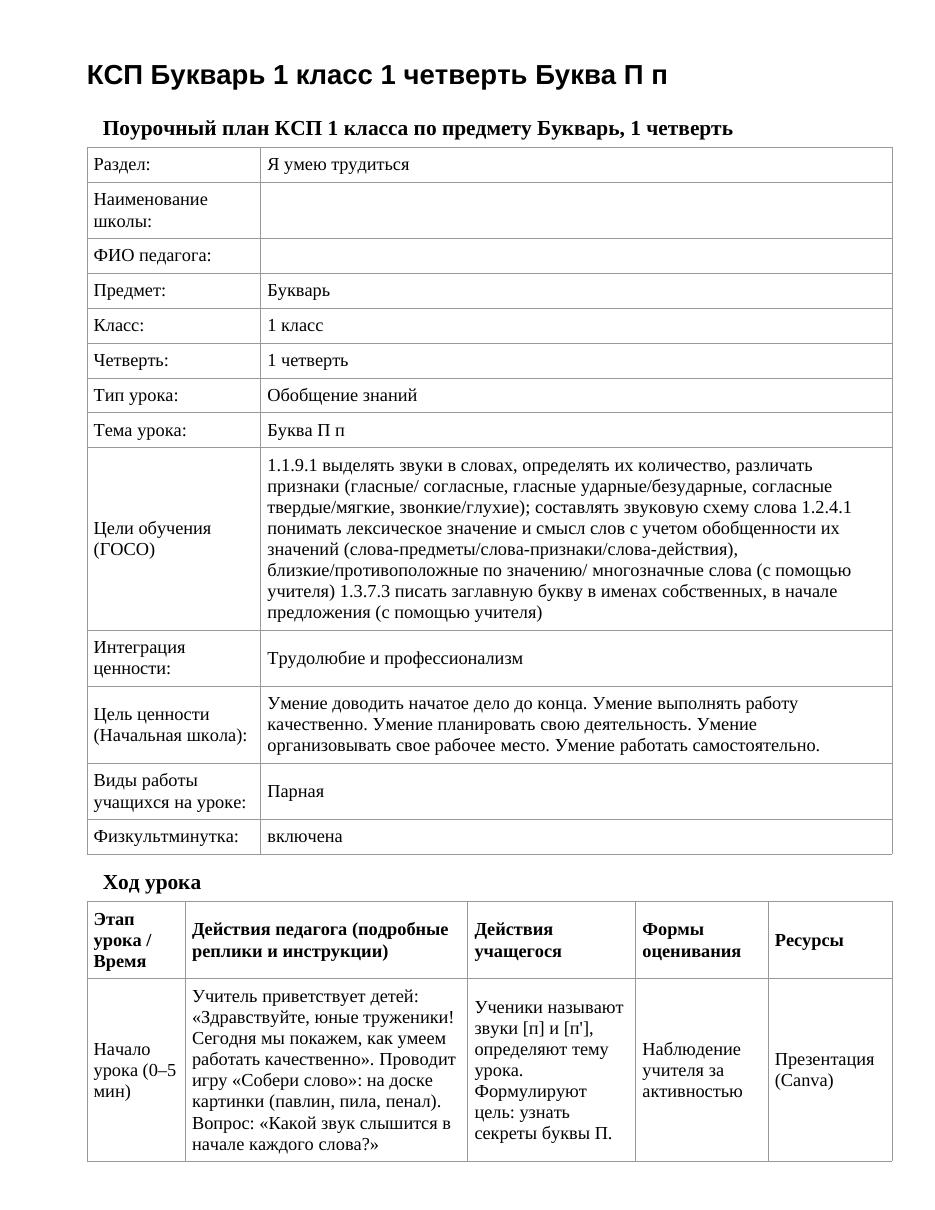 КСП Букварь 1 класс 1 четверть Буква П п