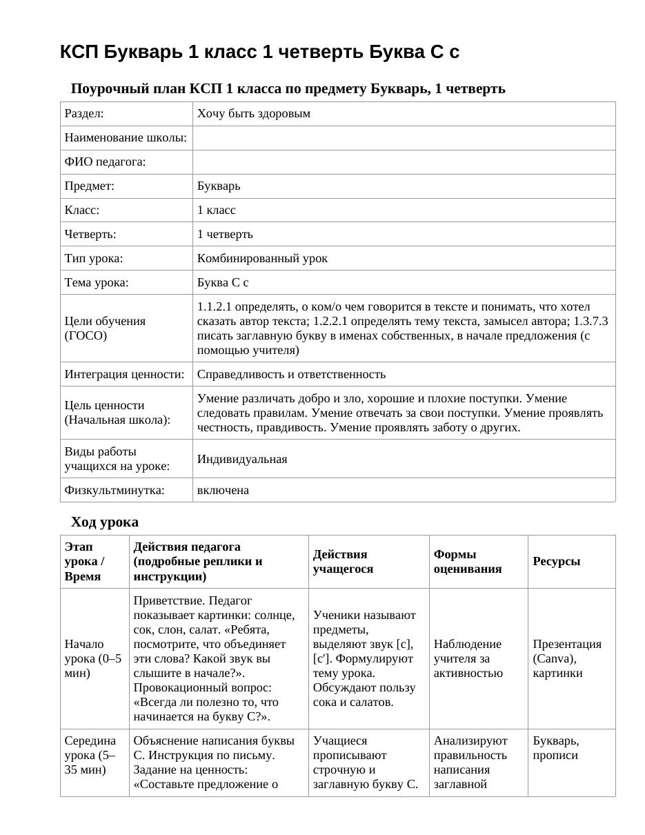 КСП Букварь 1 класс 1 четверть Буква С с