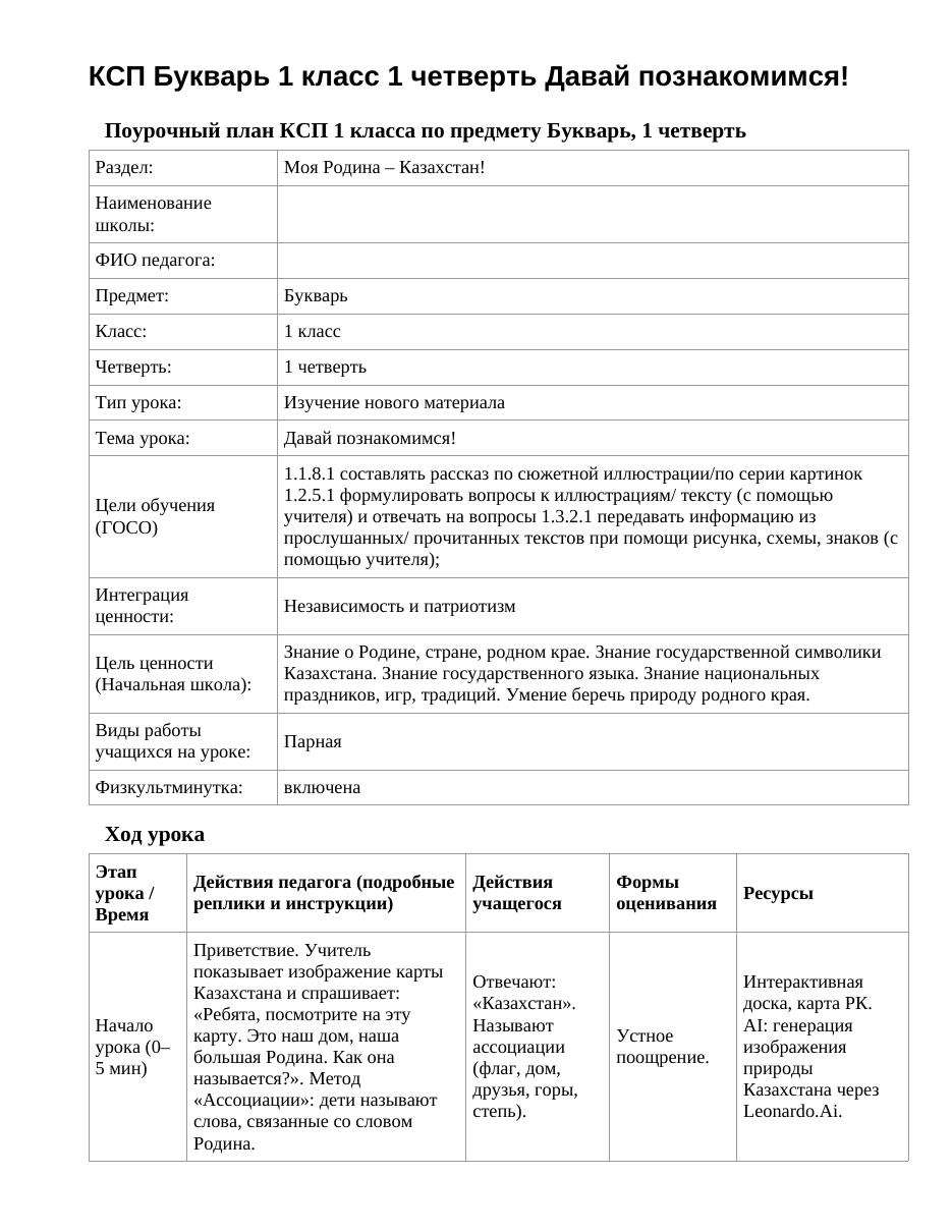 КСП Букварь 1 класс 1 четверть Давай познакомимся!
