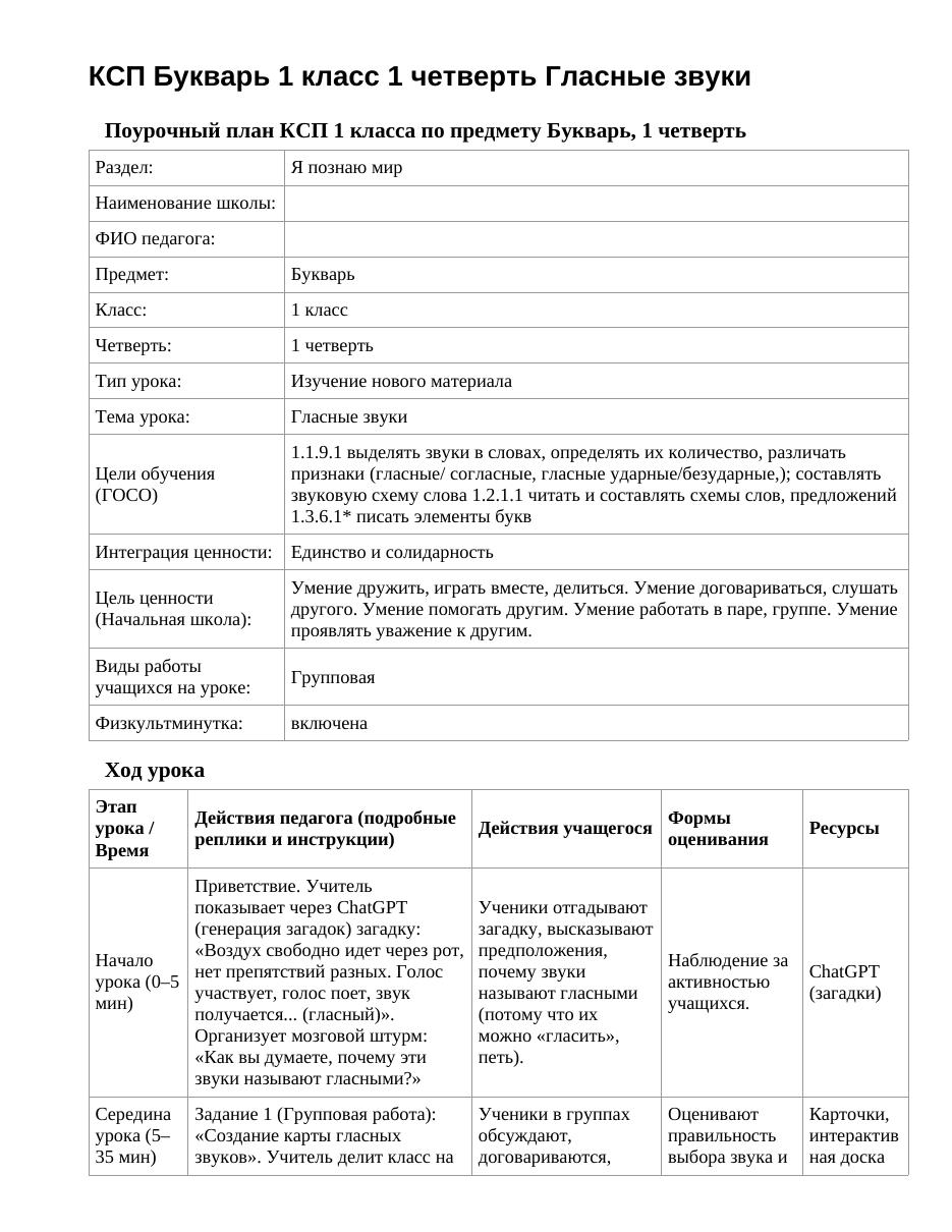 КСП Букварь 1 класс 1 четверть Гласные звуки