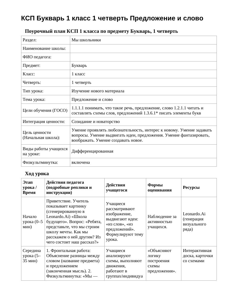 КСП Букварь 1 класс 1 четверть Предложение и слово
