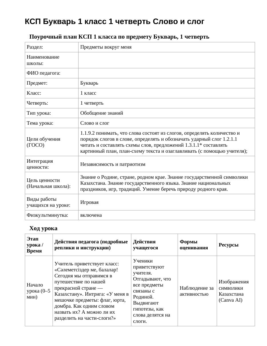 КСП Букварь 1 класс 1 четверть Слово и слог