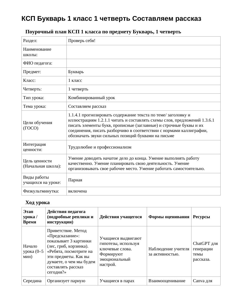 КСП Букварь 1 класс 1 четверть Составляем рассказ