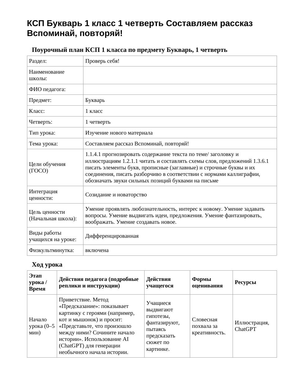 КСП Букварь 1 класс 1 четверть Составляем рассказ Вспоминай, повторяй!