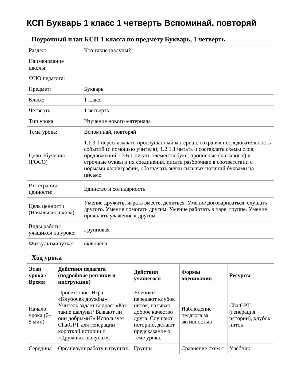КСП Букварь 1 класс 1 четверть Вспоминай, повторяй