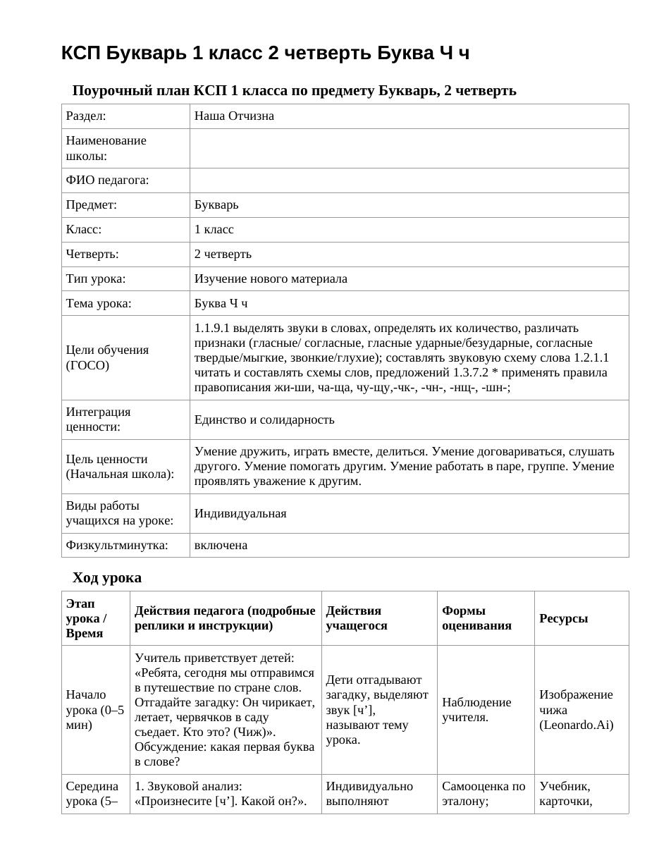 КСП Букварь 1 класс 2 четверть Буква Ч ч