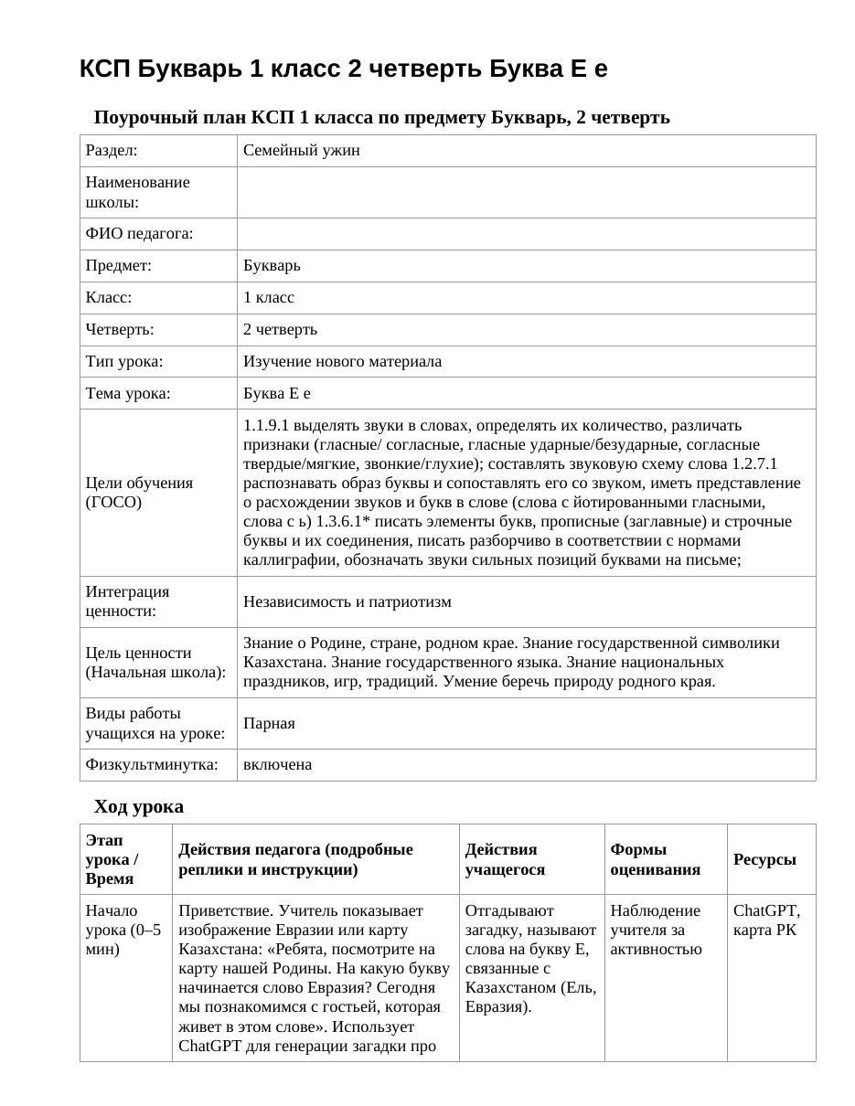 КСП Букварь 1 класс 2 четверть Буква Е е