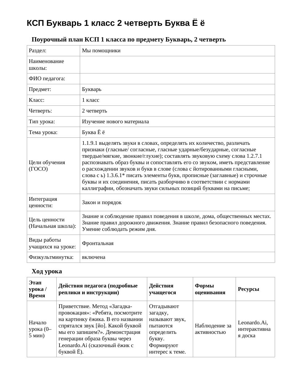 КСП Букварь 1 класс 2 четверть Буква Ё ё