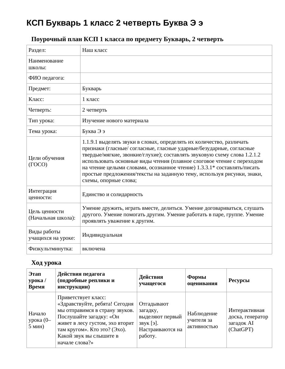 КСП Букварь 1 класс 2 четверть Буква Э э