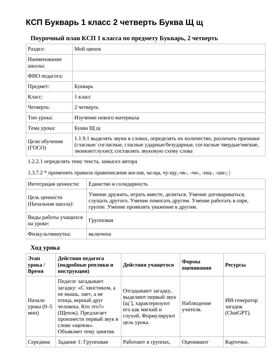 КСП Букварь 1 класс 2 четверть Буква Щ щ