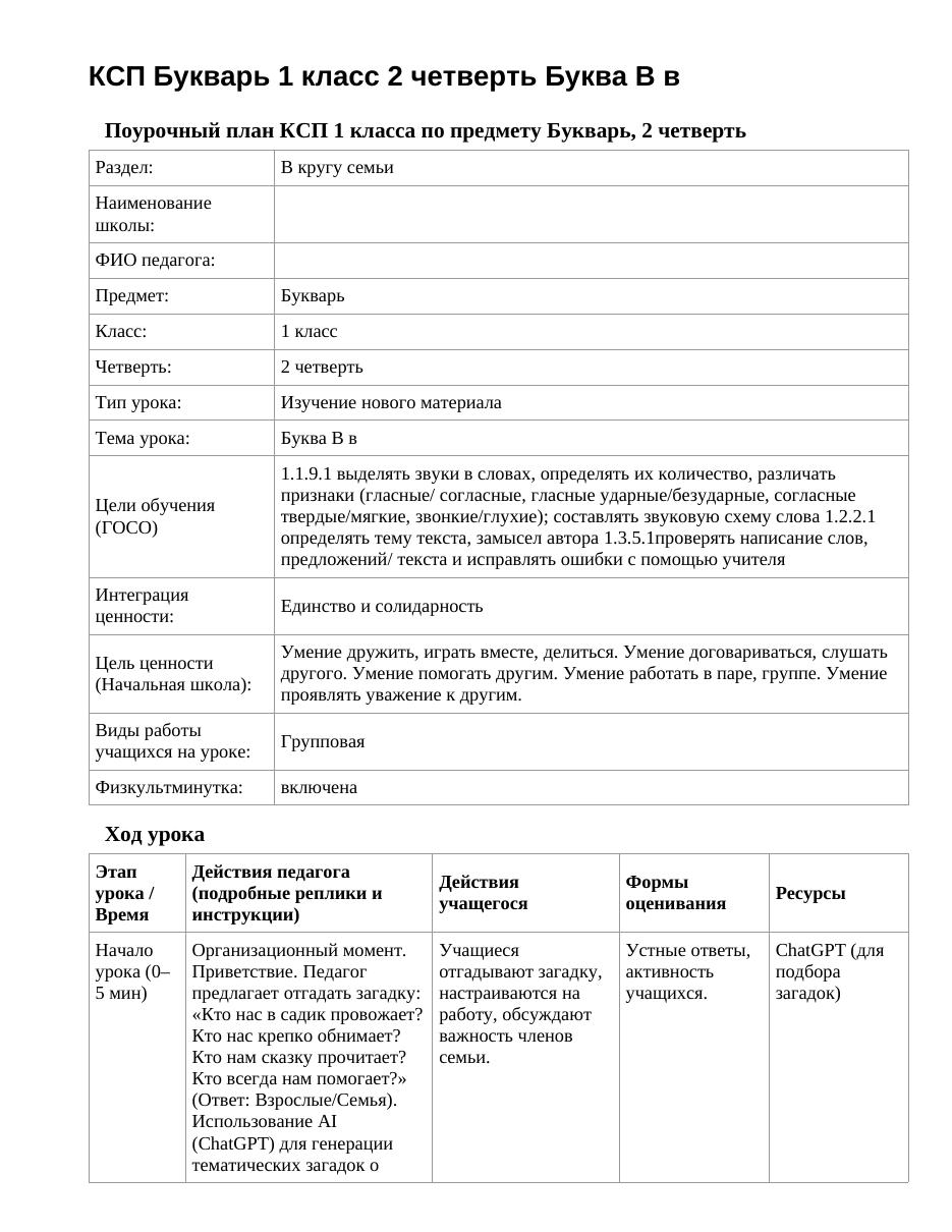 КСП Букварь 1 класс 2 четверть Буква В в